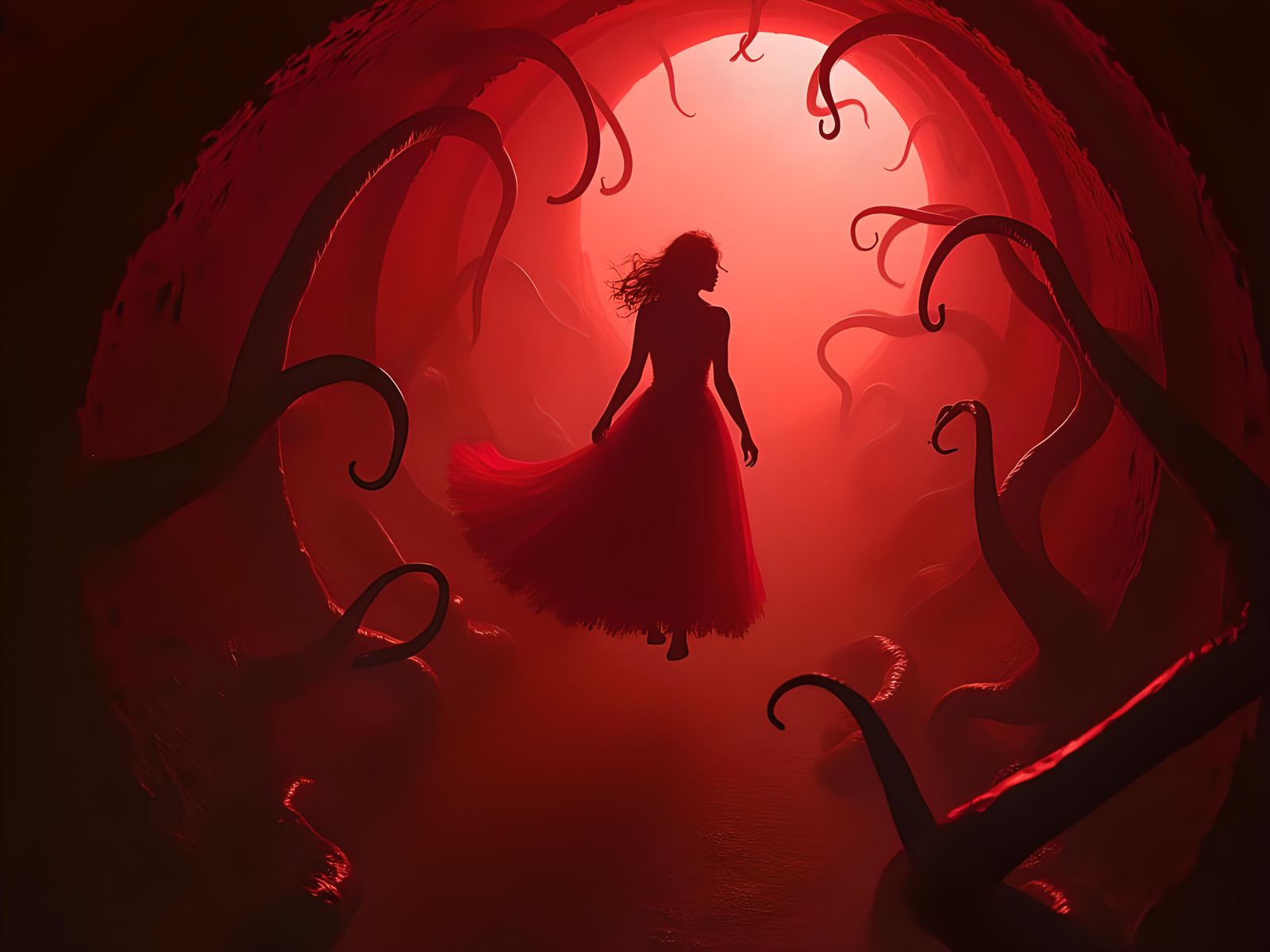 Trapped: Figure in Red Tunnel with Tentacles