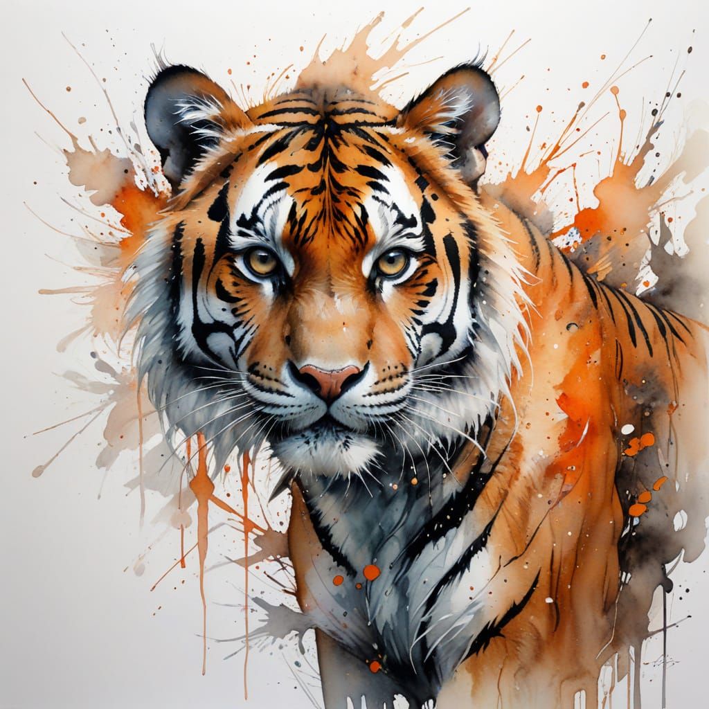 Tiger Stalking Through Jungle in Watercolour Style