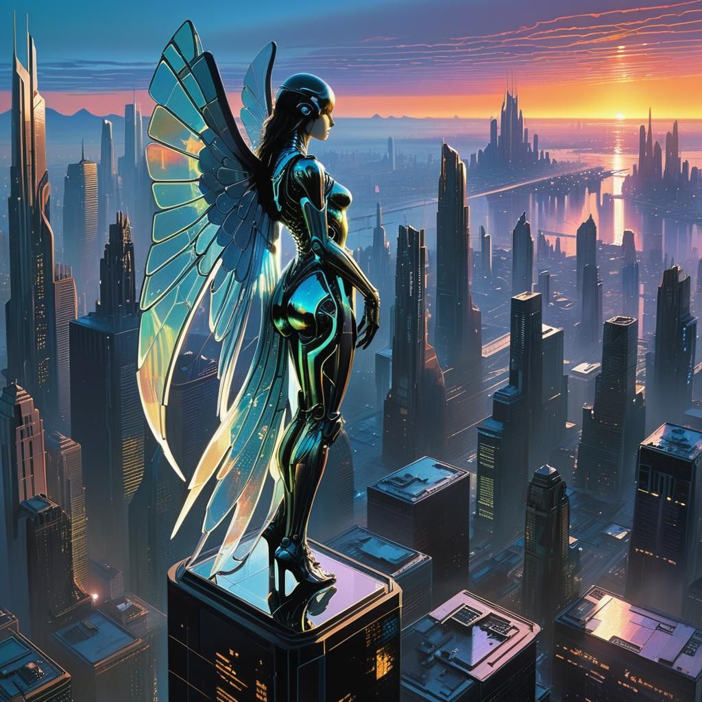 Cyberpunk Angel Gazing at Sunrise Over Metropolis
