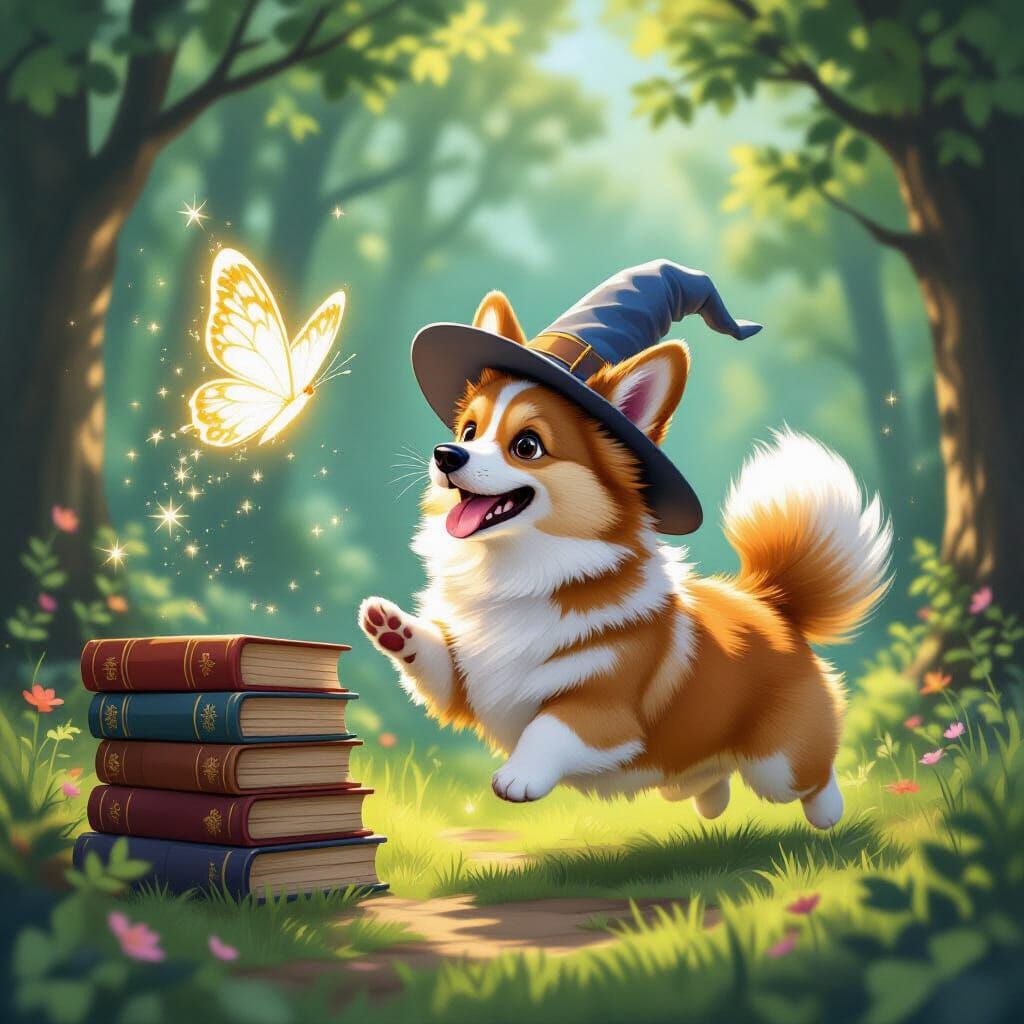 Fluffy Corgi Chases Graphite Butterfly in Enchanted Forest