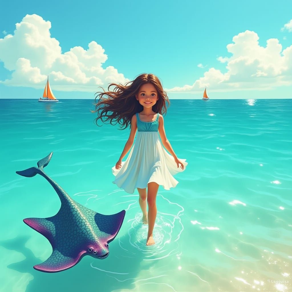 Girl and Stingray in Clear Turquoise Sea