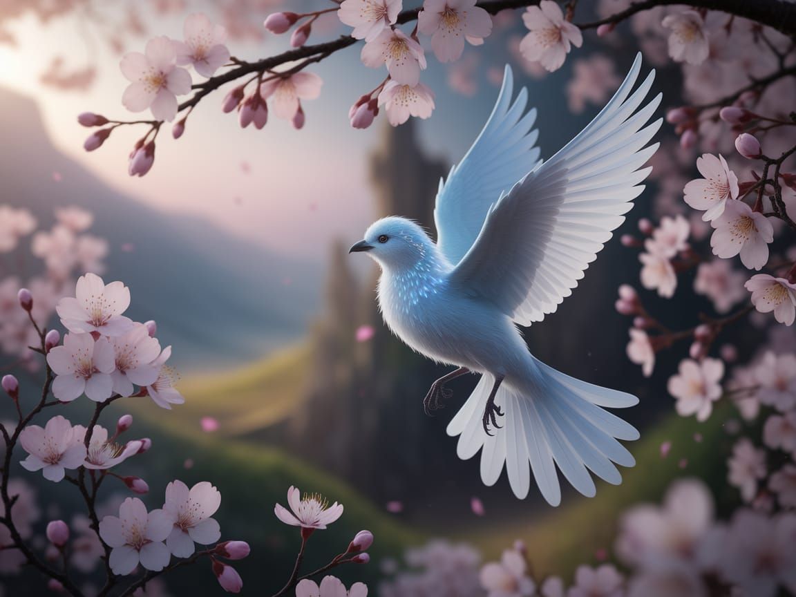 Ethereal Bird Takes Flight Amidst Cherry Blossoms in Fantasy...