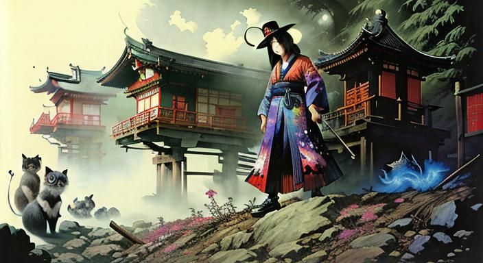 Japanese Folklore Creatures in Dark Fantasy Style