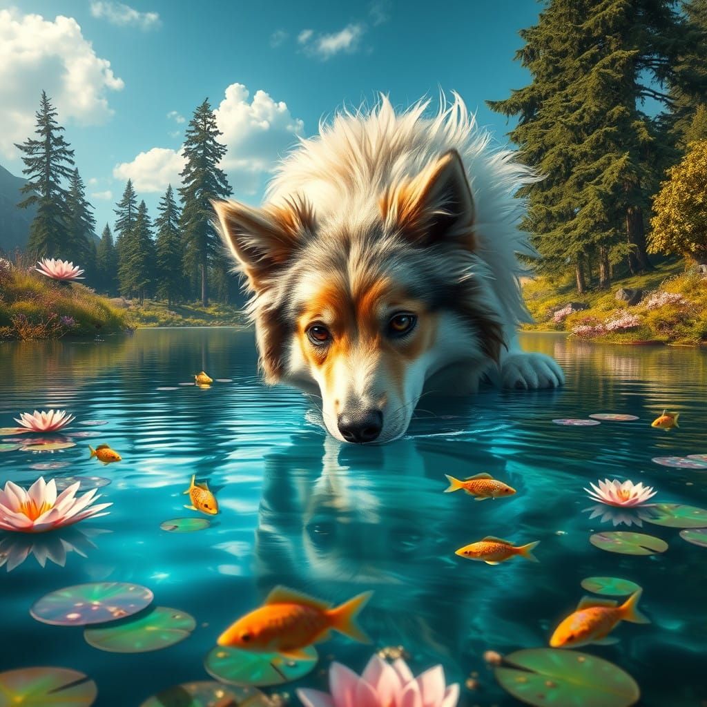 Fluffy Dog Discovers Enchanted Lake World in Whimsical Scene
