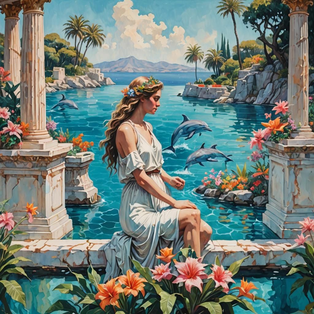 Vaporwave Paradise: Ancient Greek Meets Tropical Aesthetics