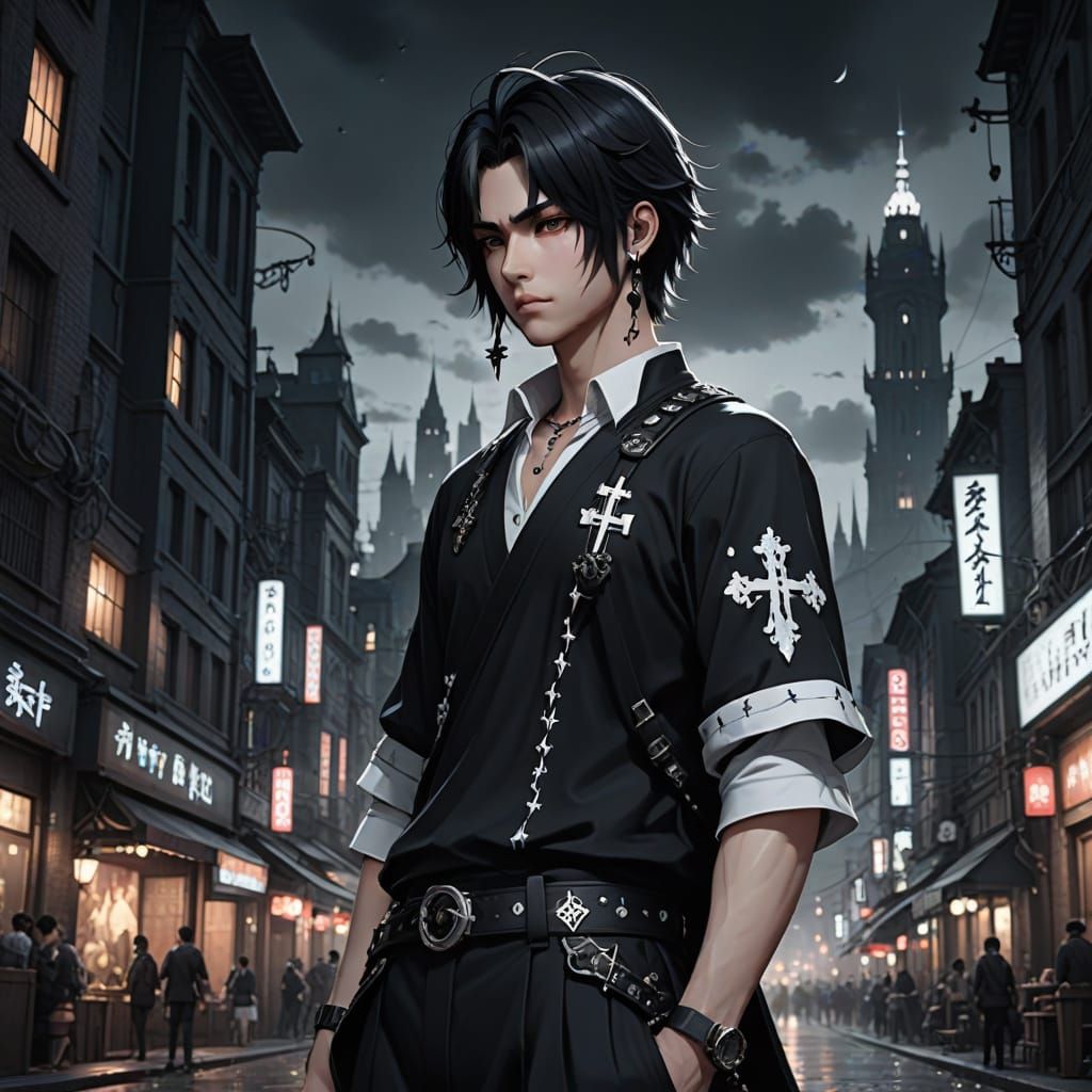 Gothic Anime Hunter with Black Sword in Dark City