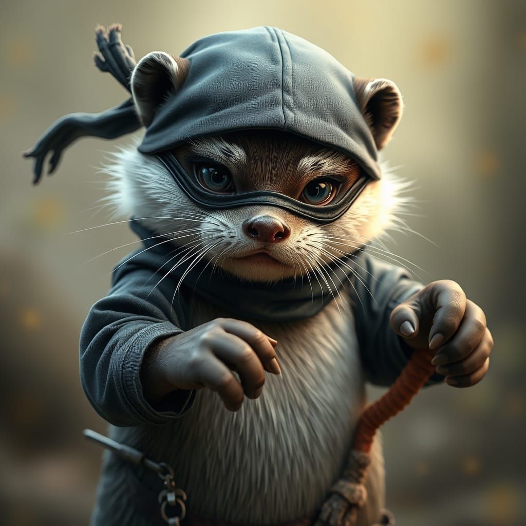 Hyperrealistic Little Otter Ninja Playing Around