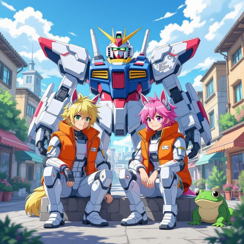 Anime Boys with Horse Ears in Futuristic City, Cel-Shaded St...