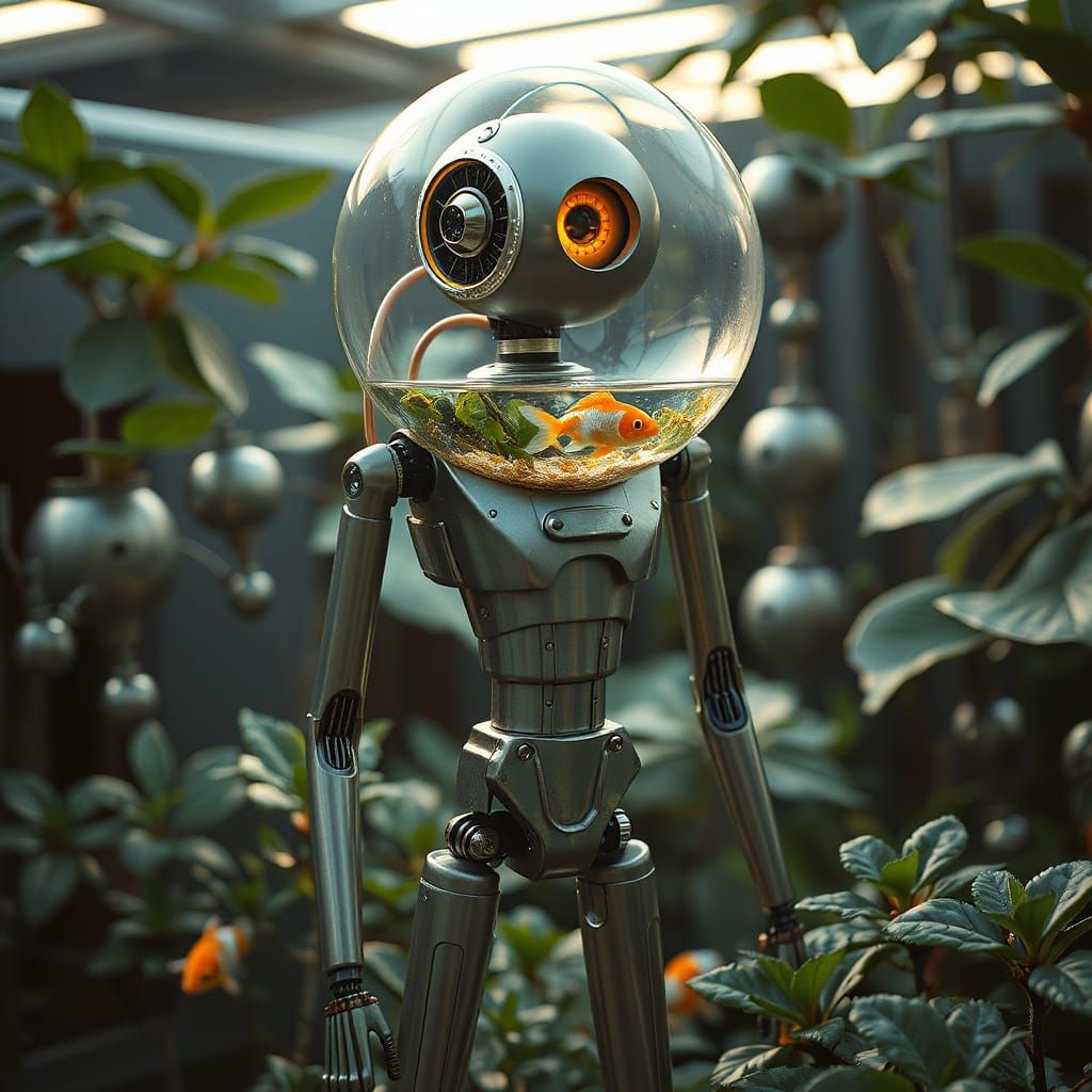 Robot with Aquatic Head in Futuristic Garden