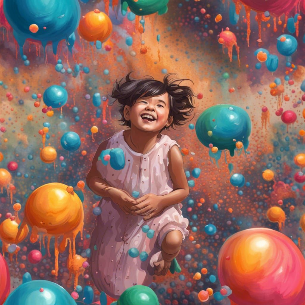 Joyful Girl with Bubbles: Fractal Watercolor Art