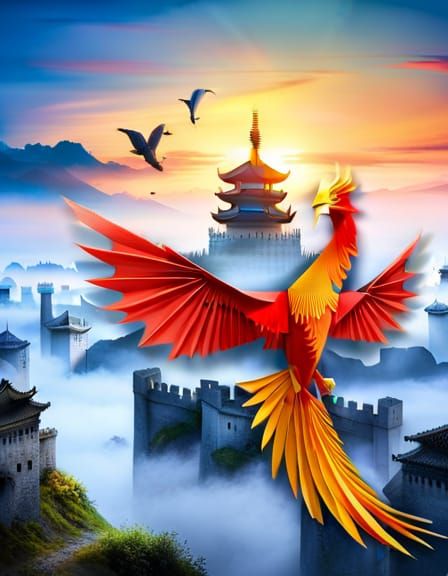 Giant Origami Phoenix Around Chinese Castle