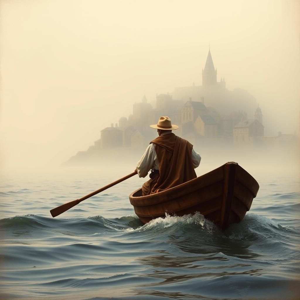Fisherman at Dawn in Fog, Medieval Port