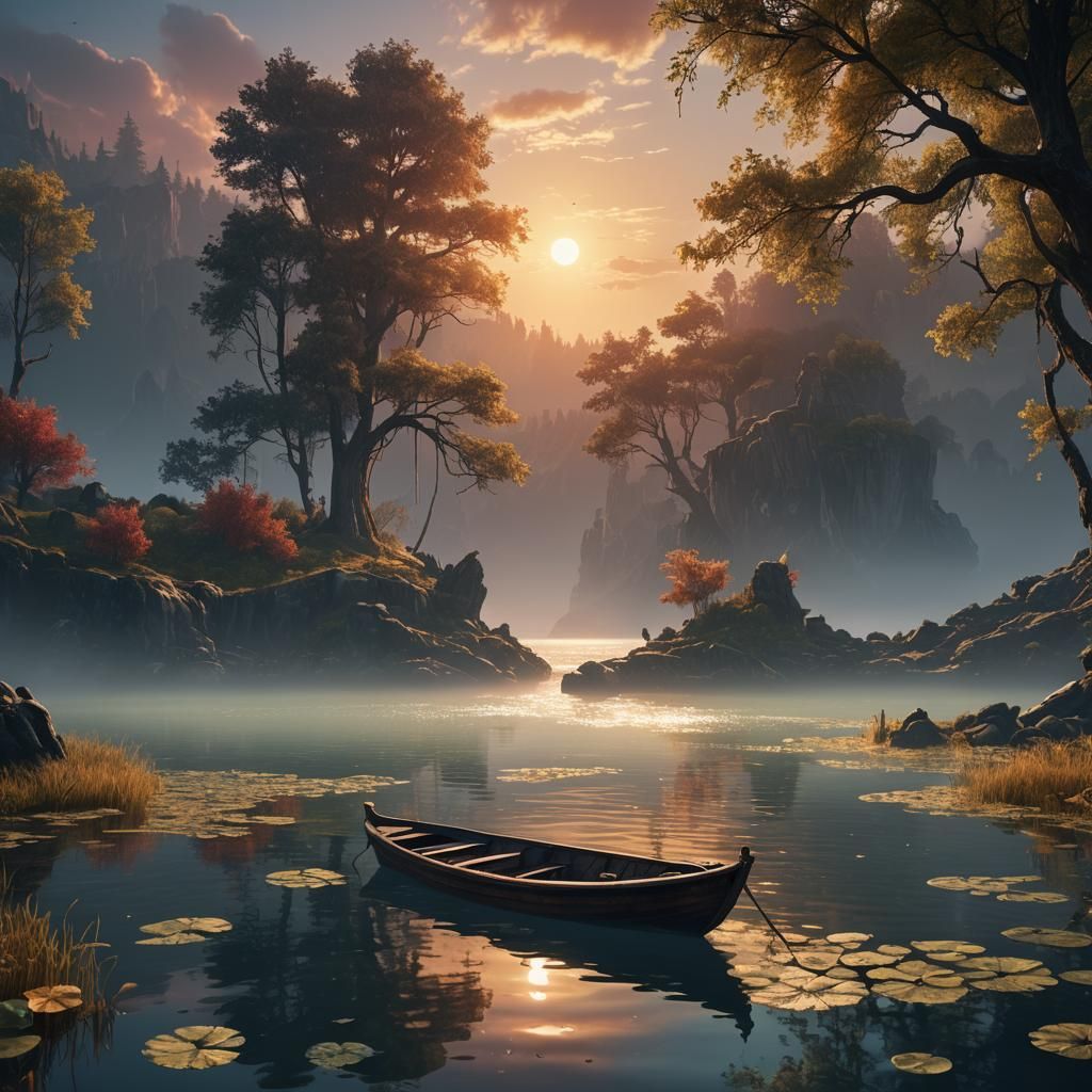 Lake Sunrise with Boat: Detailed Fantasy Concept Art