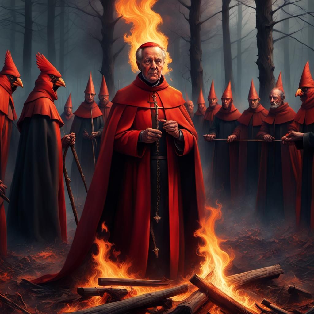 A cardinal is being burned at the stake, A group of witches, surround a fire in the wood, cinematic high resolution real...