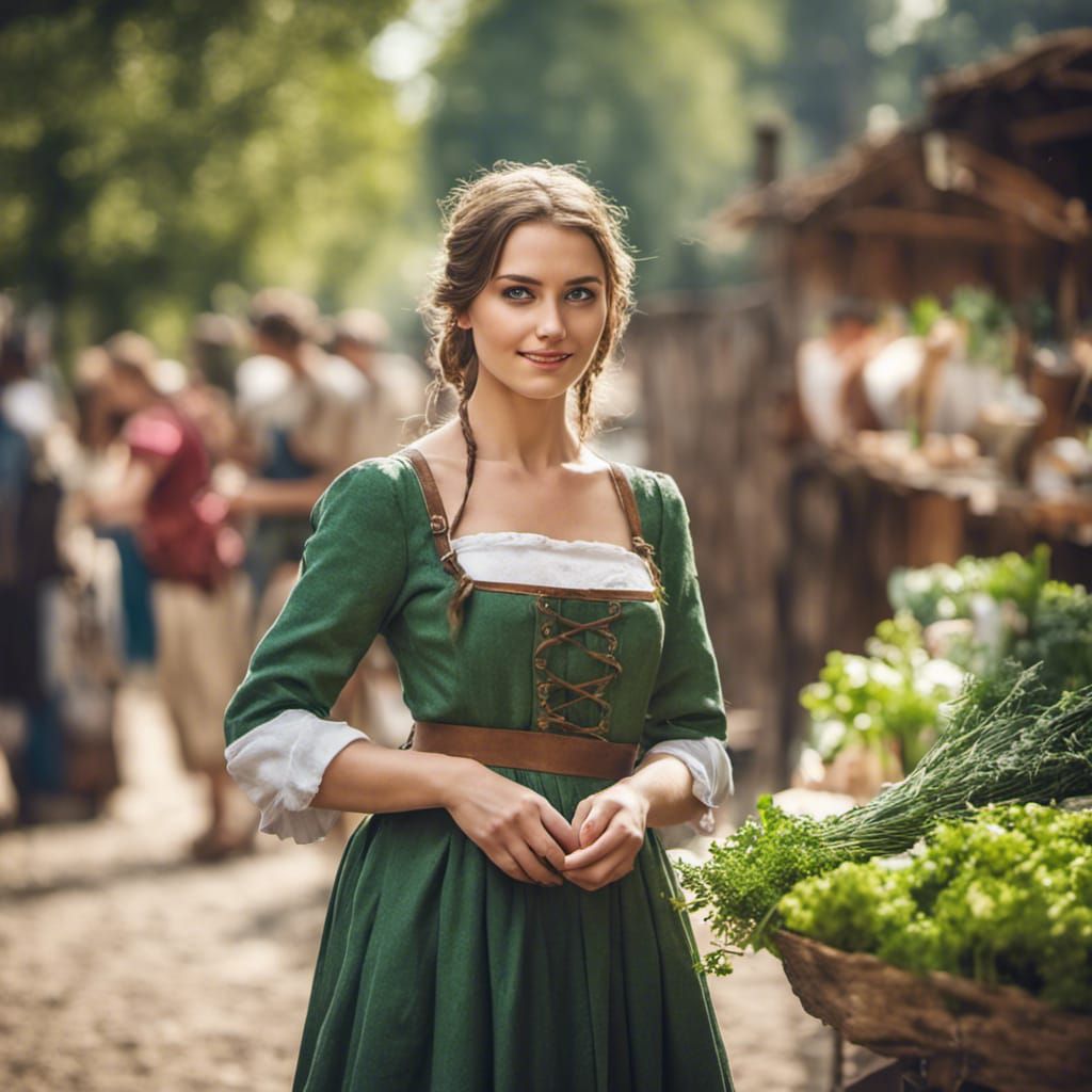 Medieval Woman Selling Herbs in Village Photo