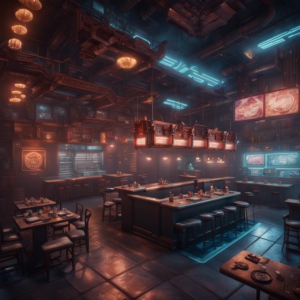 Cyberpunk Restaurant Top-Down Battlemap: Detailed Concept Ar...