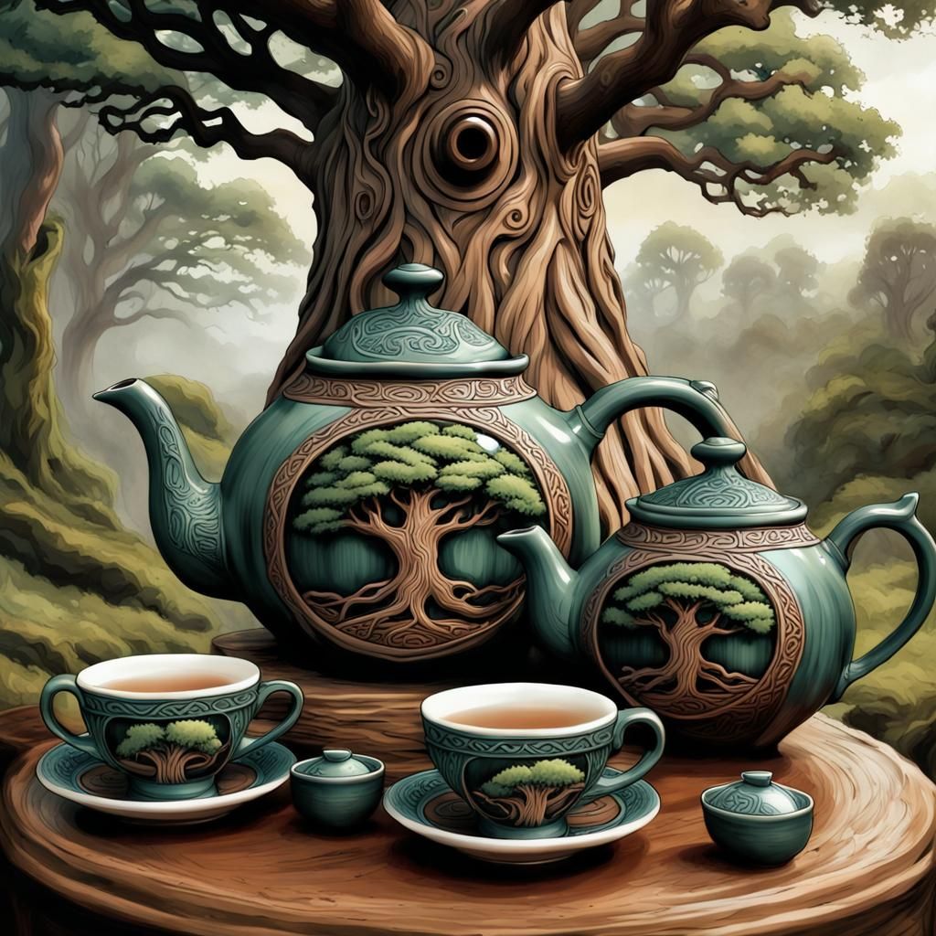 Celtic Teapot with Druid and Oak Tree in Comic Art