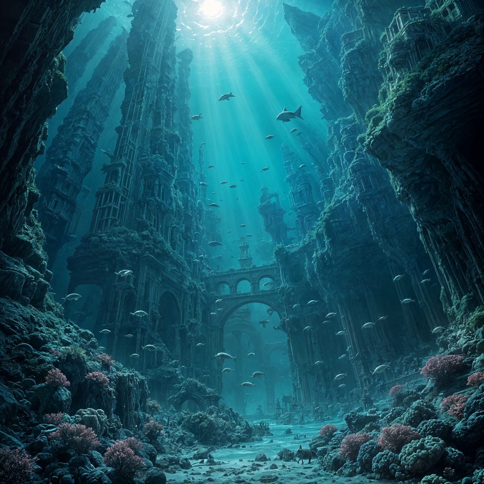 Lost Underwater City with Spectral Creatures
