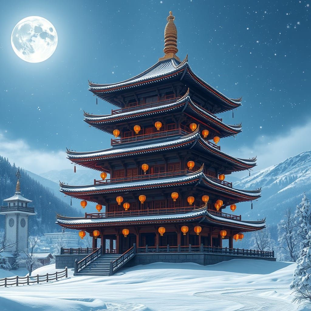 Glowing Lanterns Light a Snowy Pagoda