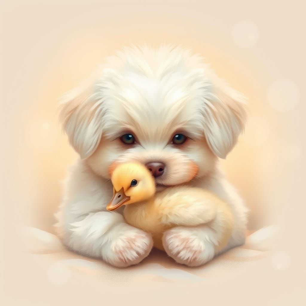 Whimsical White Puppy Hugs Tiny Duckling