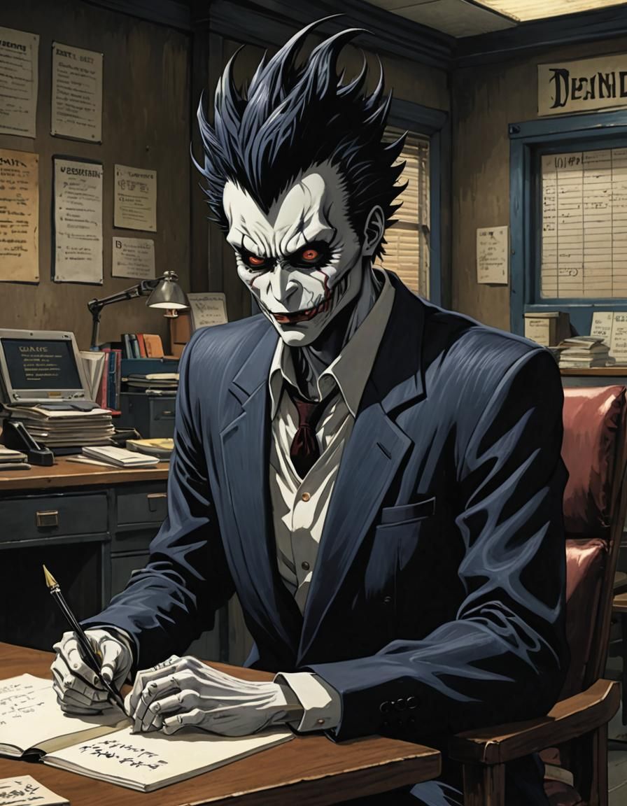 2006 Death note Ryuk writing in a notebook. Head down. "Todd" written in notebook, large letters.
Background: interior o...