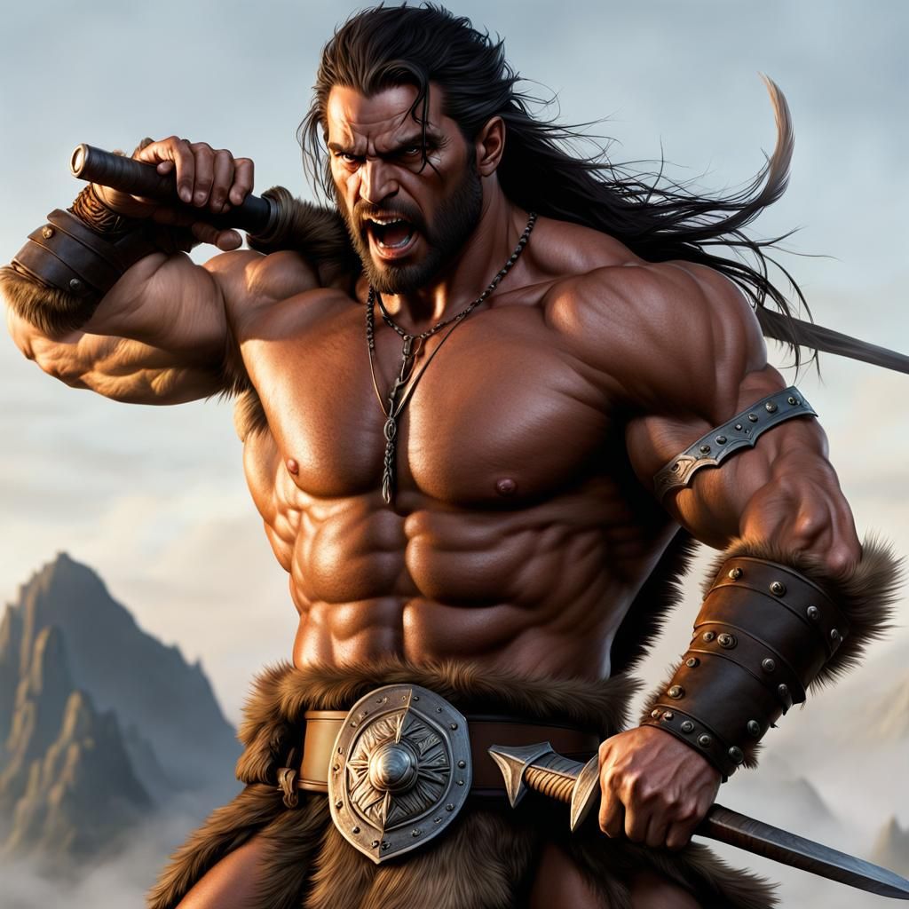 Fierce Barbarian Warrior Poised for Combat
