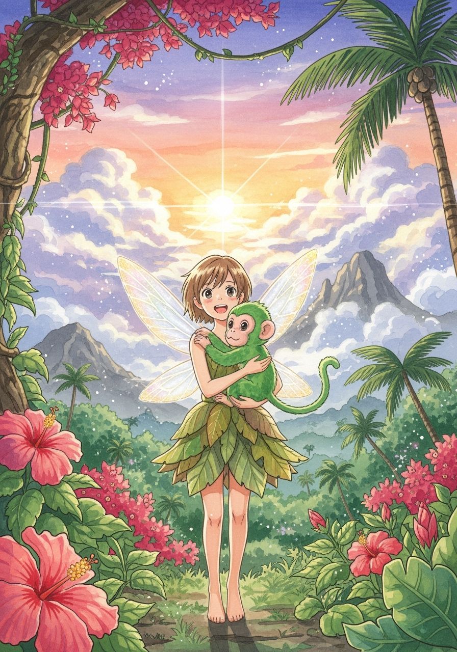 Anime Fairy and Monkey in Cabo Verde Watercolor