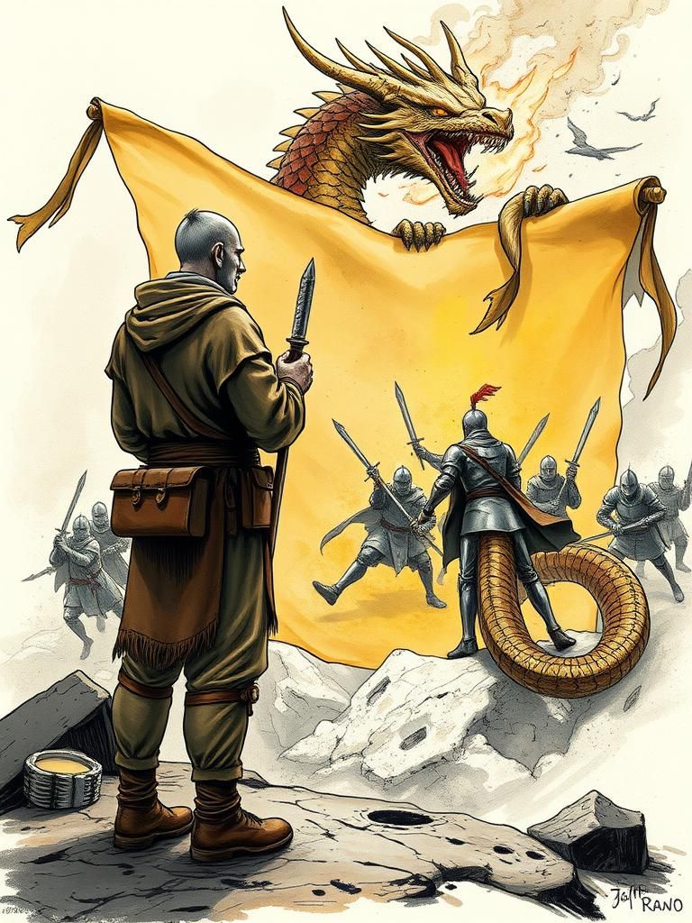 Epic Knights vs Dragon Lady in Illuminated Manuscript Style