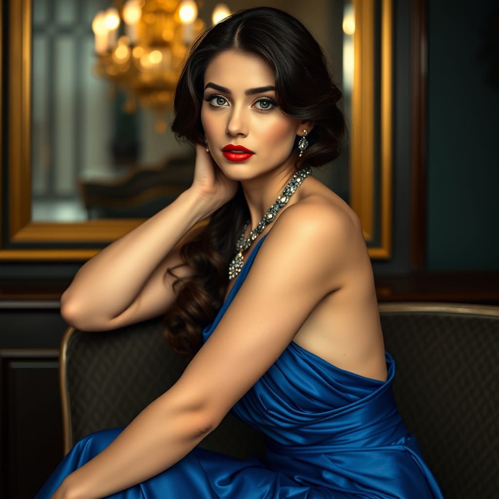 Elegant Woman in Blue, Art Nouveau Style