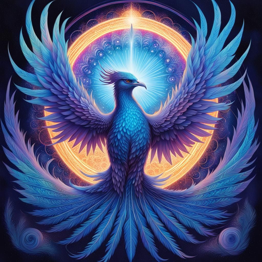 Ethereal Blue Phoenix in Cosmic Astral Illustration
