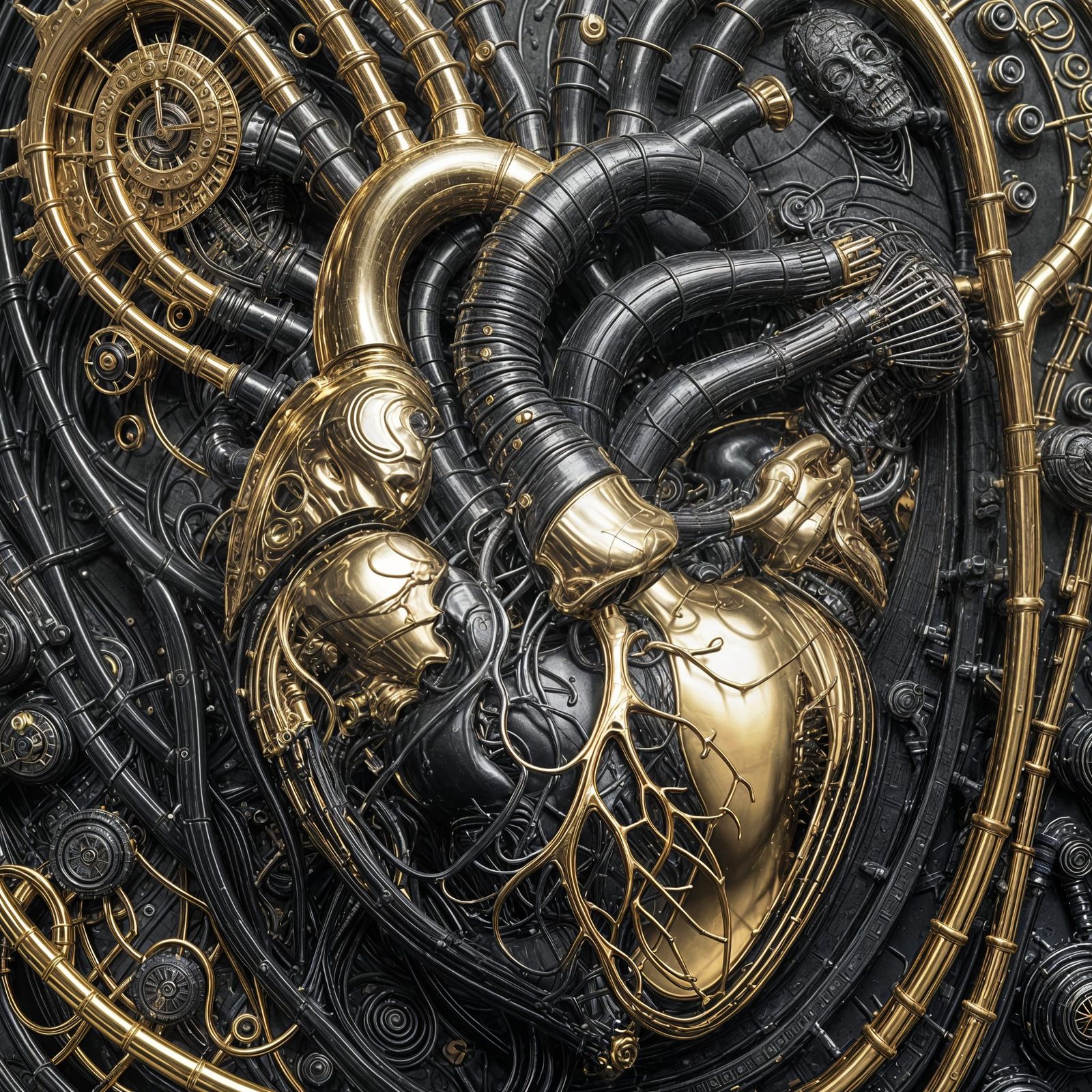 Biomechanical Heart in Gold and Black, Detailed 3D Render