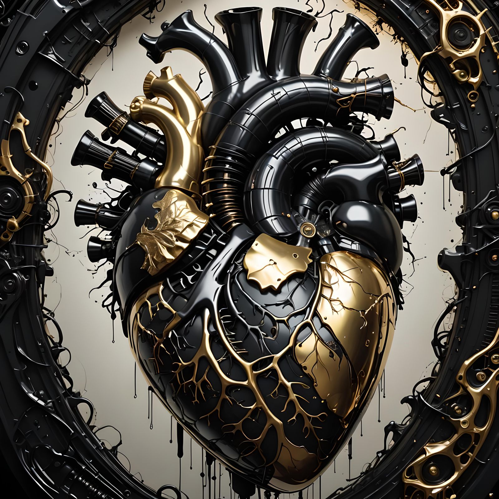Biomechanical Heart in Black and Gold, Detailed 3D Render