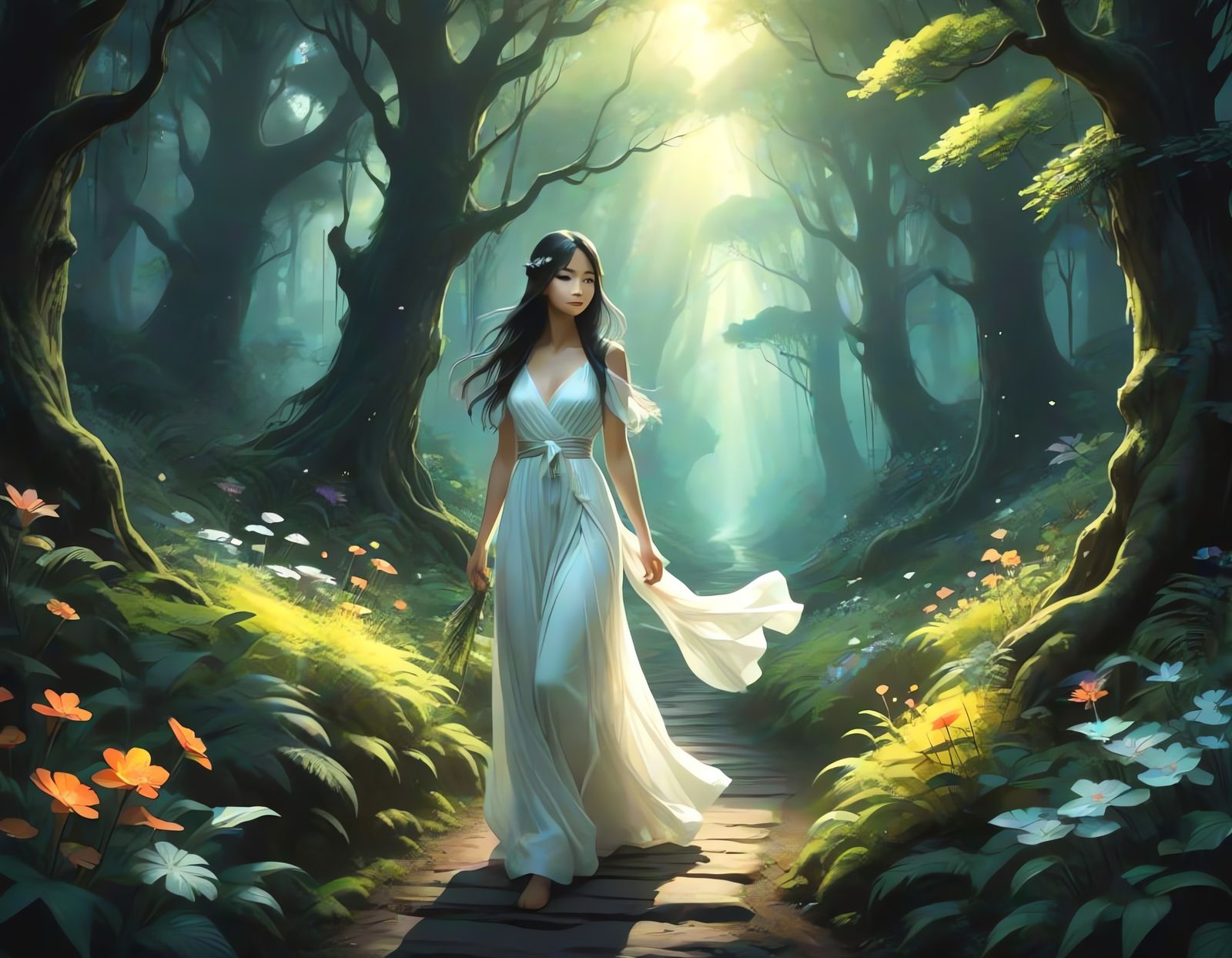 Ethereal Forest Goddess in a Glowing Sanctuary