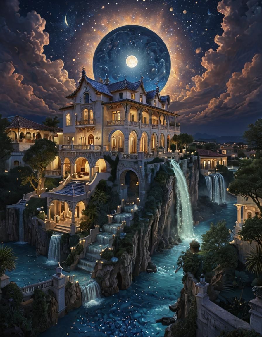 Magic Opal Waterfall Under Detailed Moonlit Sky