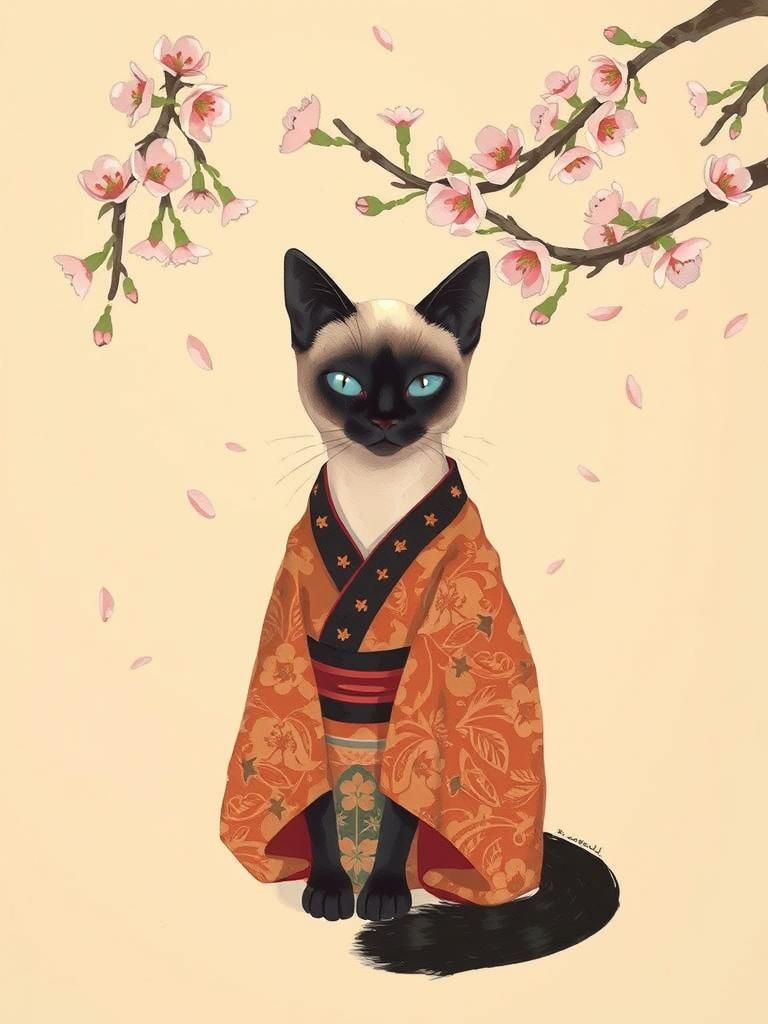 Siamese Cat in Kimono Under Cherry Blossoms