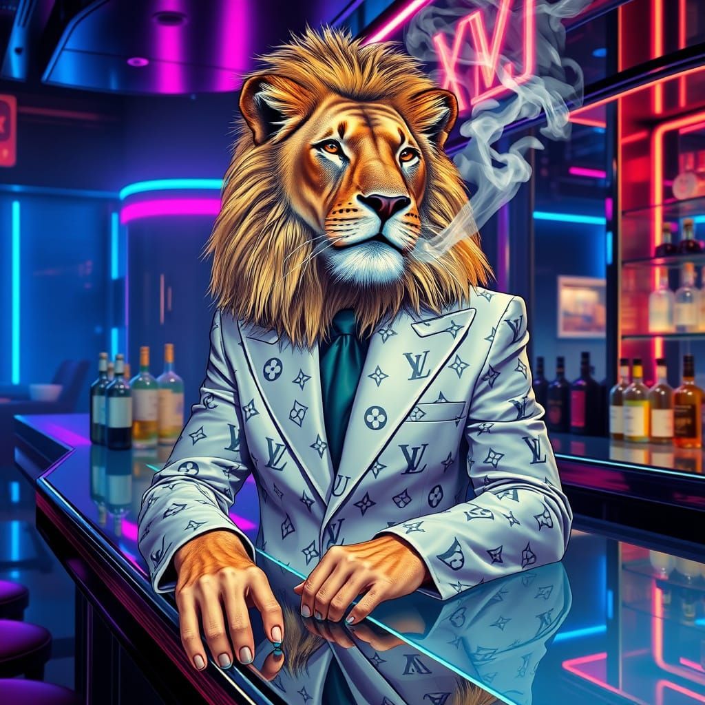 Sleek Lioness Sits Confidently in Futuristic Chrome Bar, Lou...