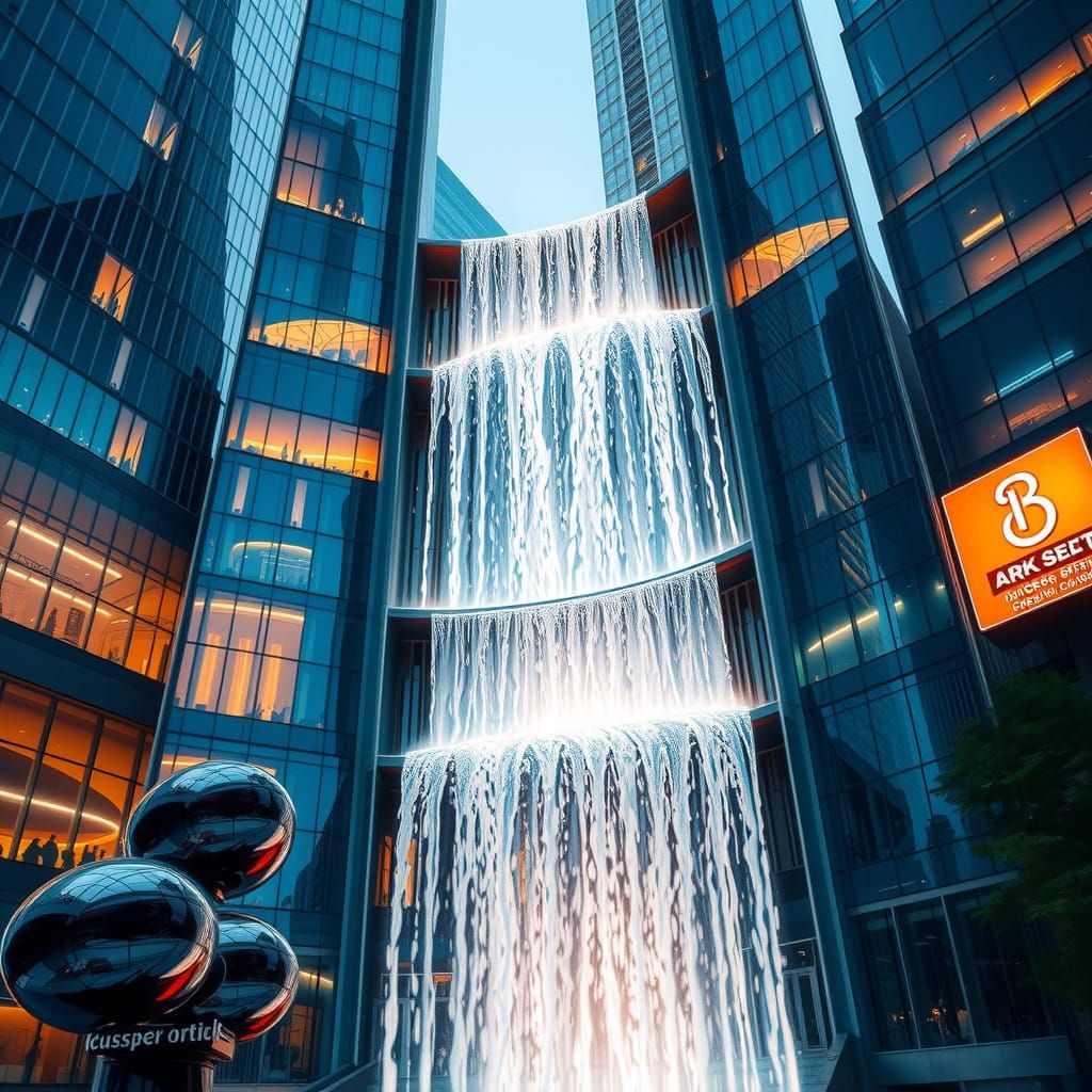 Urban Cascade: Waterfall on Modern Skyscraper