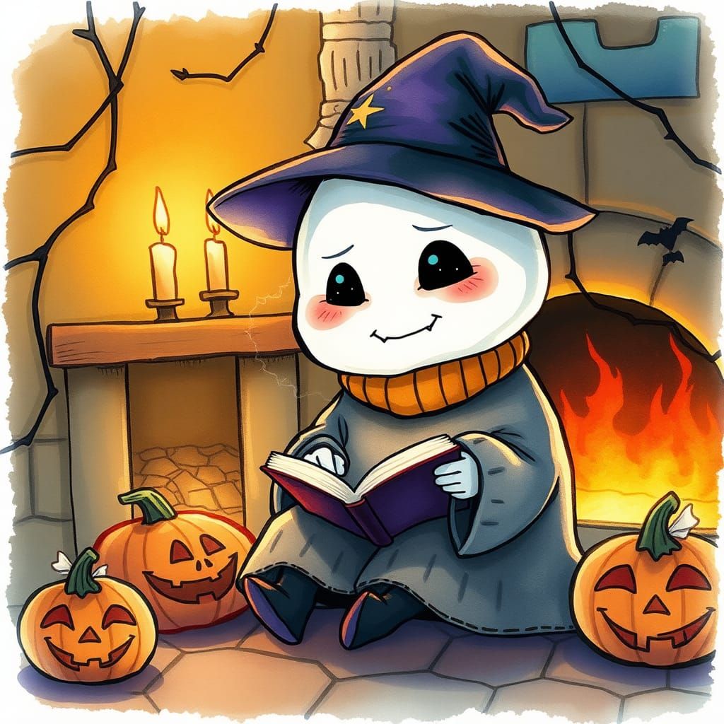 Cute Chibi Ghost Reading by Fireplace in Watercolor Style