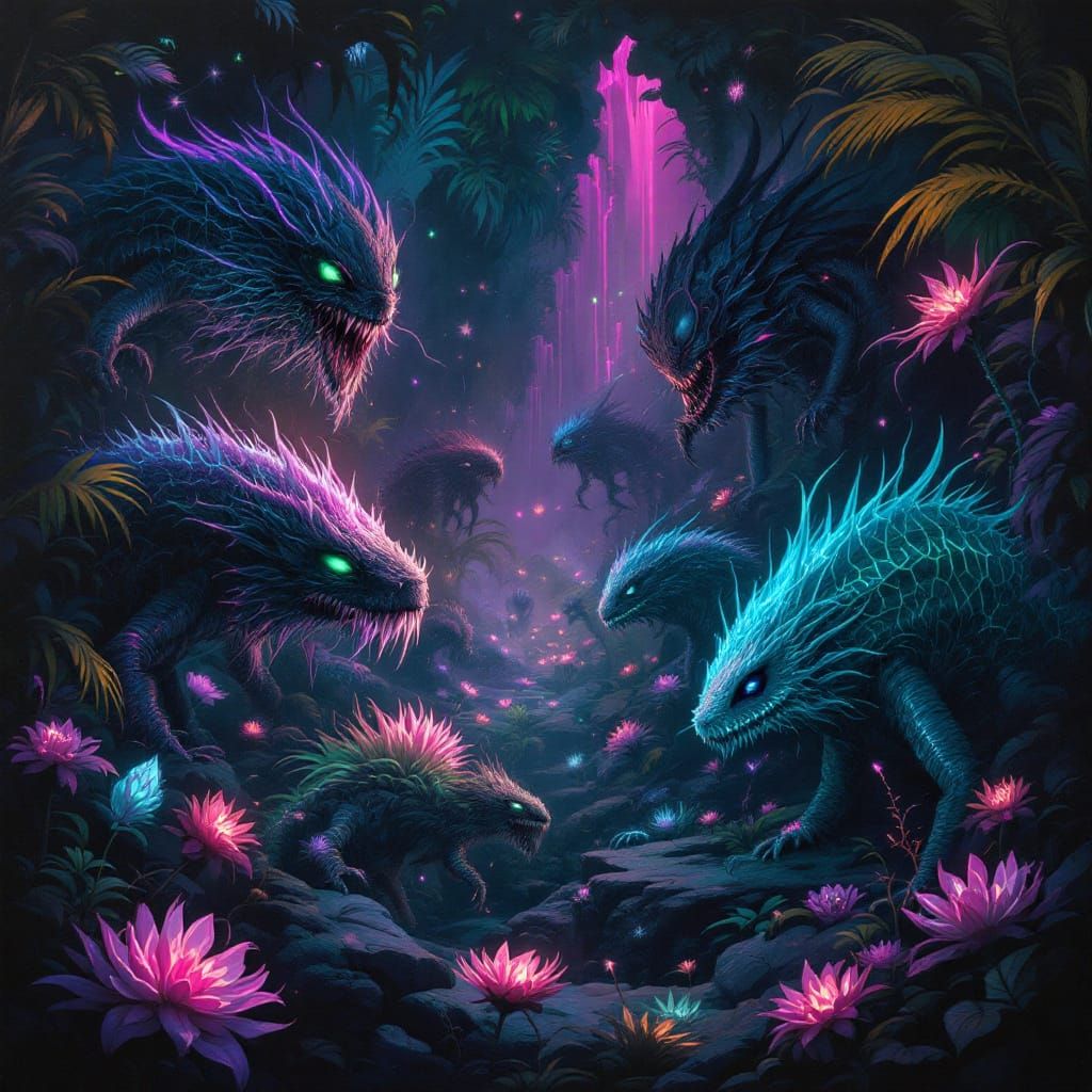 Fantastical Creatures in Neon Bioluminescent Jungle