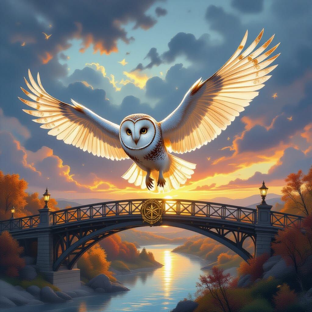 Mystical Owl Flies Over Autumn Bridge in Ethereal Style