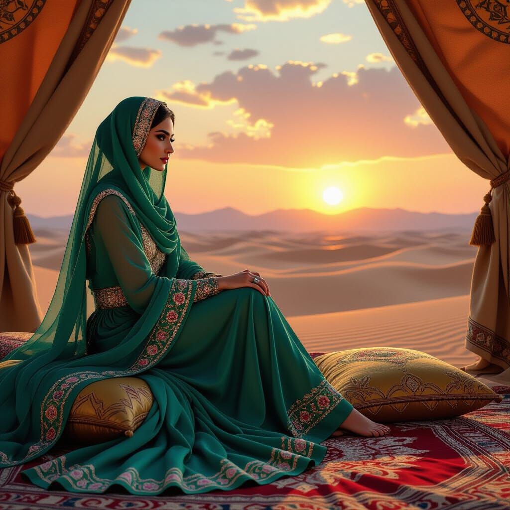 Arab Woman in Silk Dress in Sunset Desert, Art Nouveau