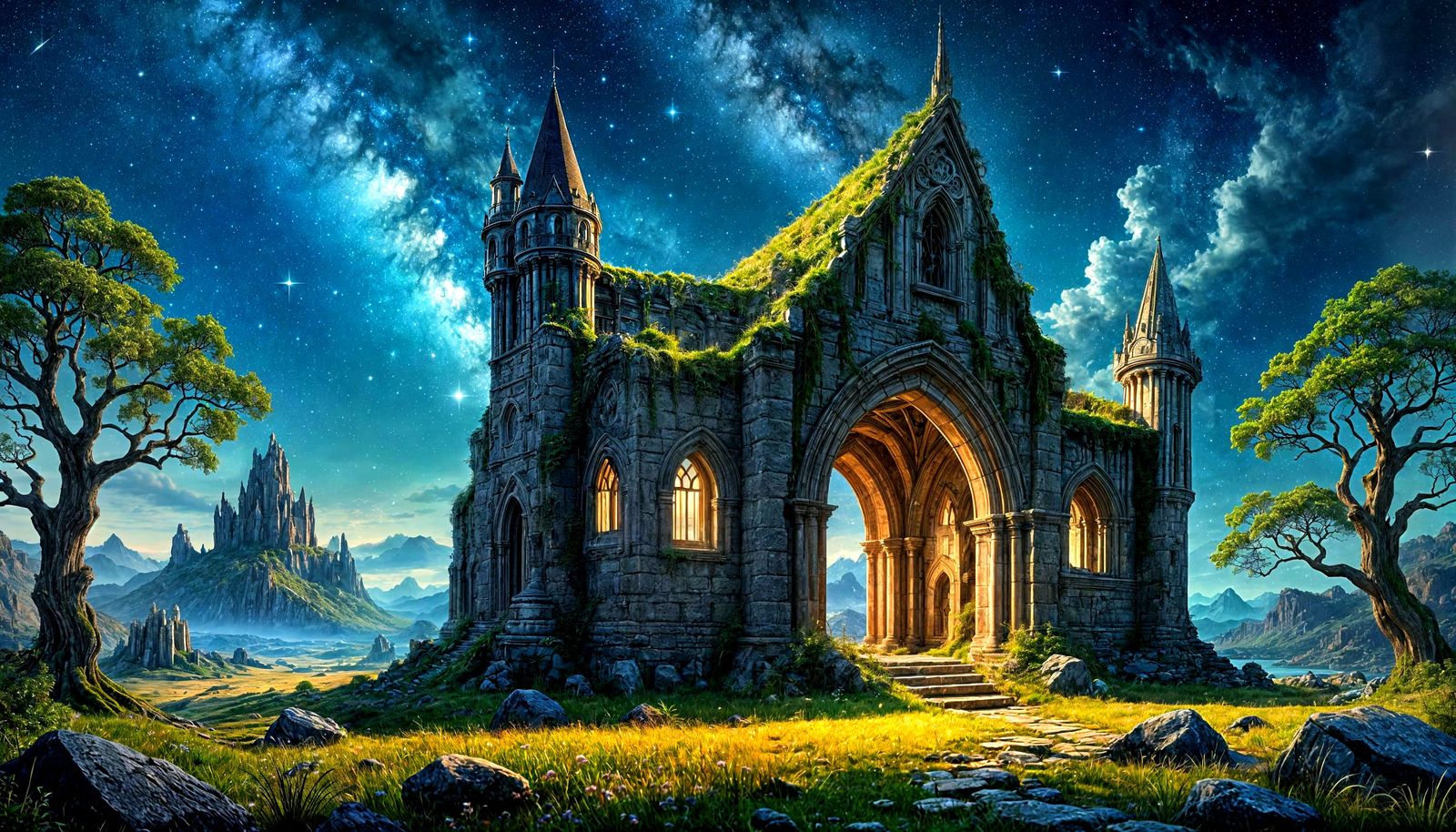 Nebula Over Ancient Elven Ruins: Hyper-Realistic Astral Art
