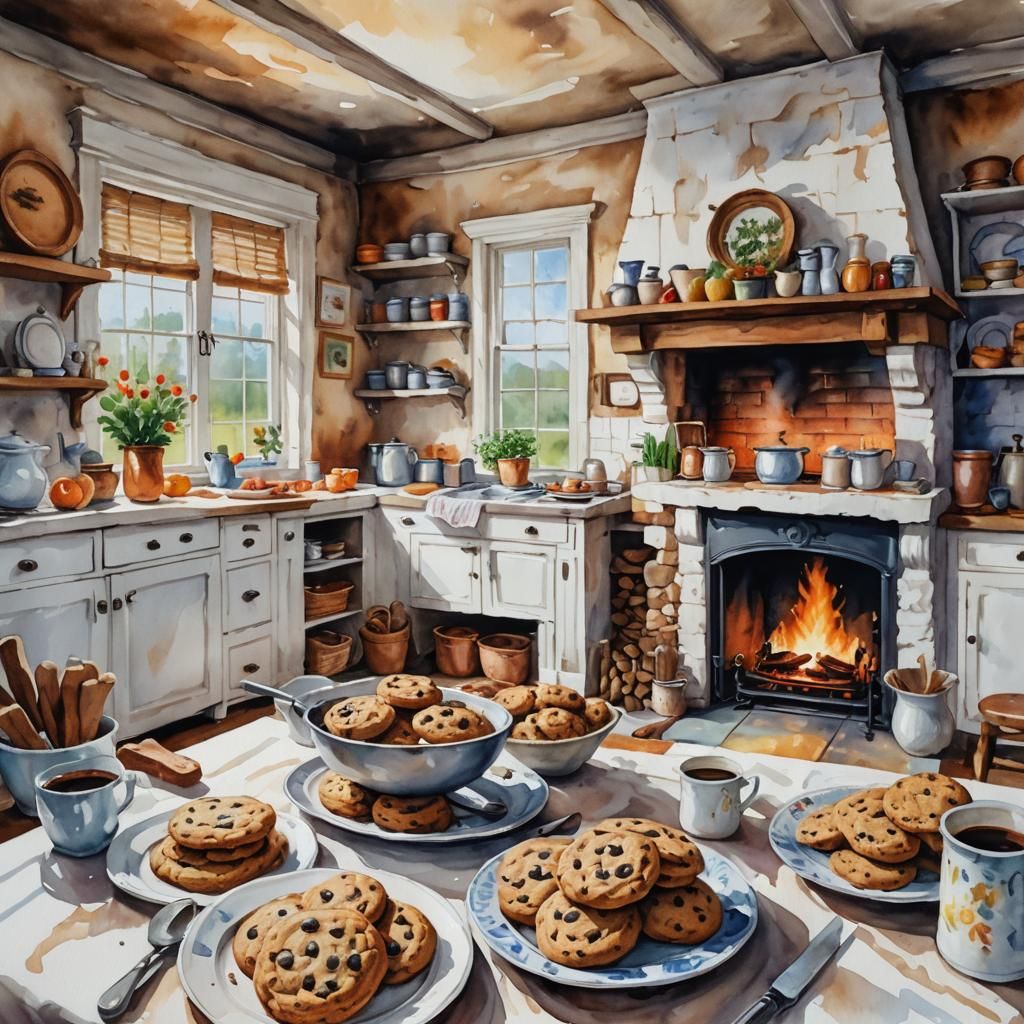 Chocolate Chip Cookies in Gouache Impressionist Style