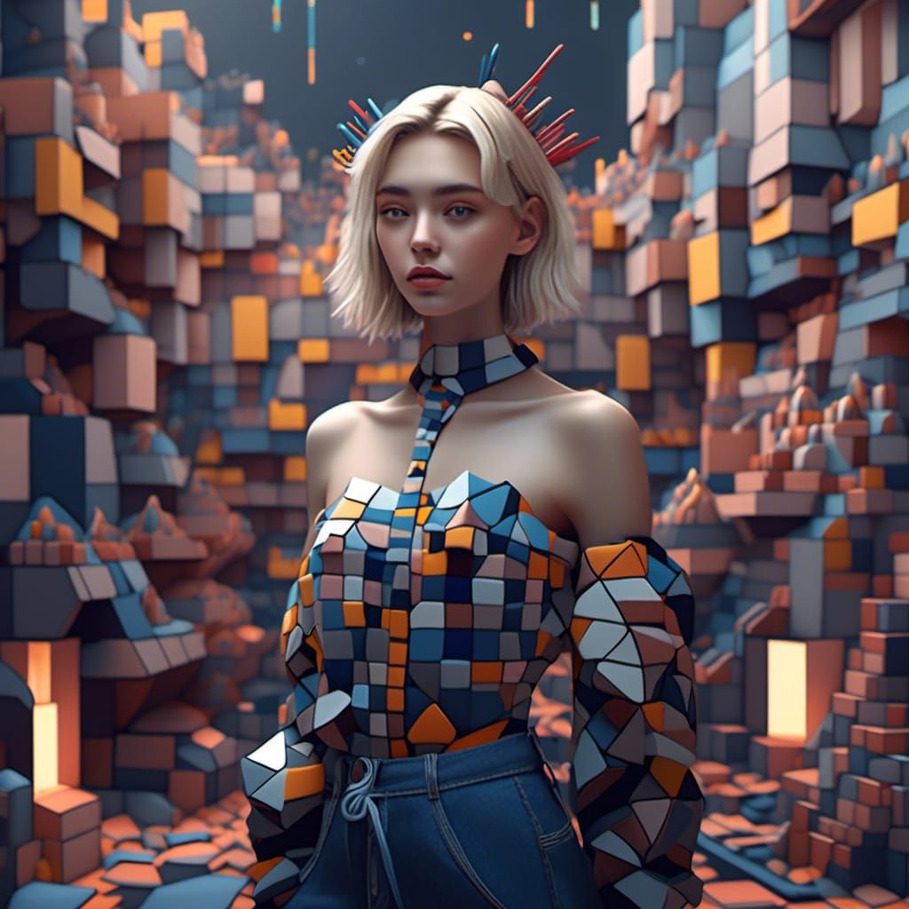 Cute Samurai Girl in Cubist Art Deco Style