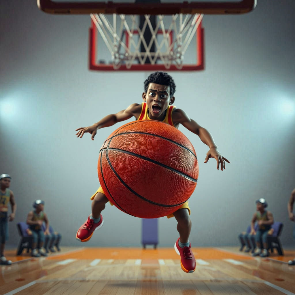 Anthropomorphic Basketballs Play Rolled-Up Human Game