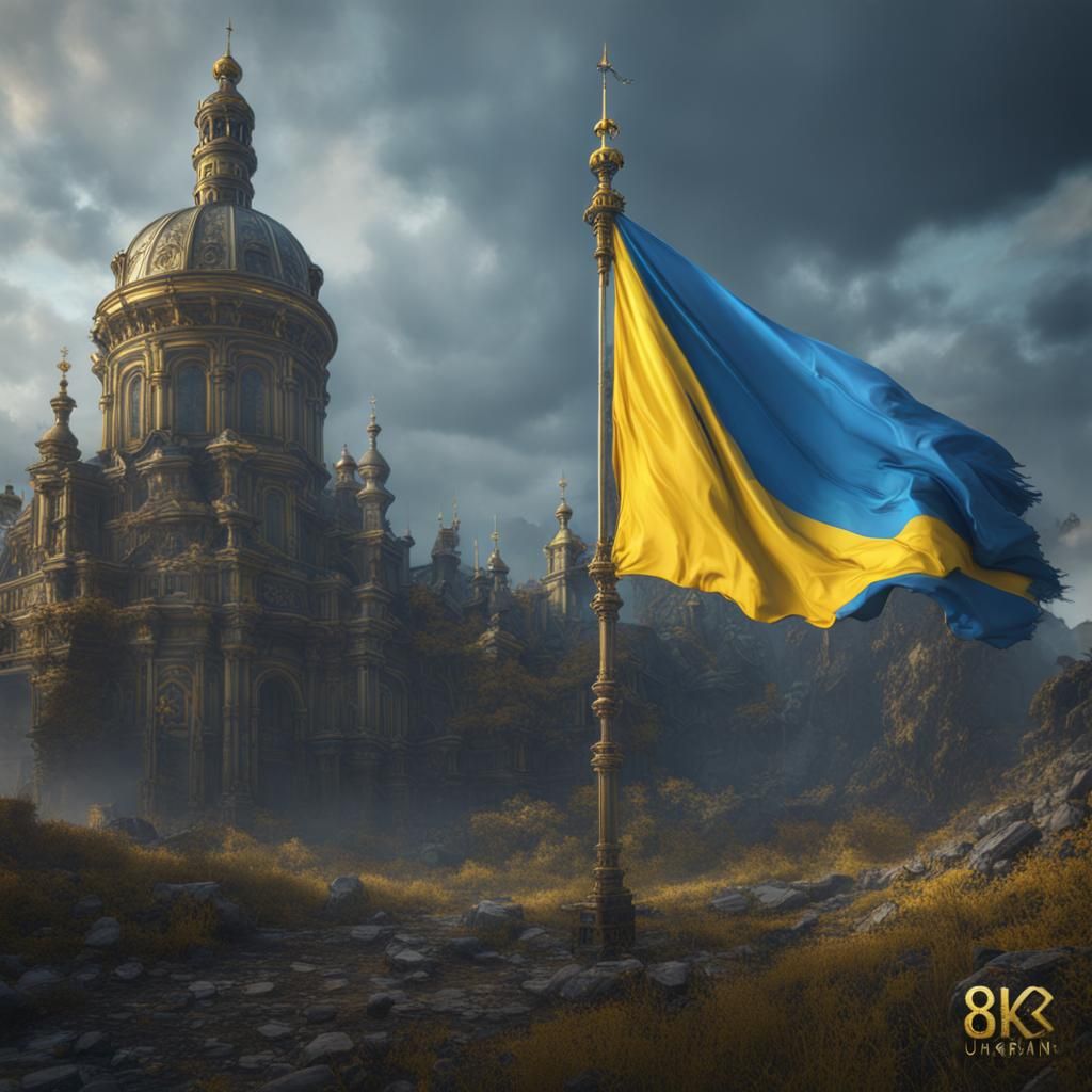 Zaluzhnyi near Ukrainian Flag, Fantasy Concept Art