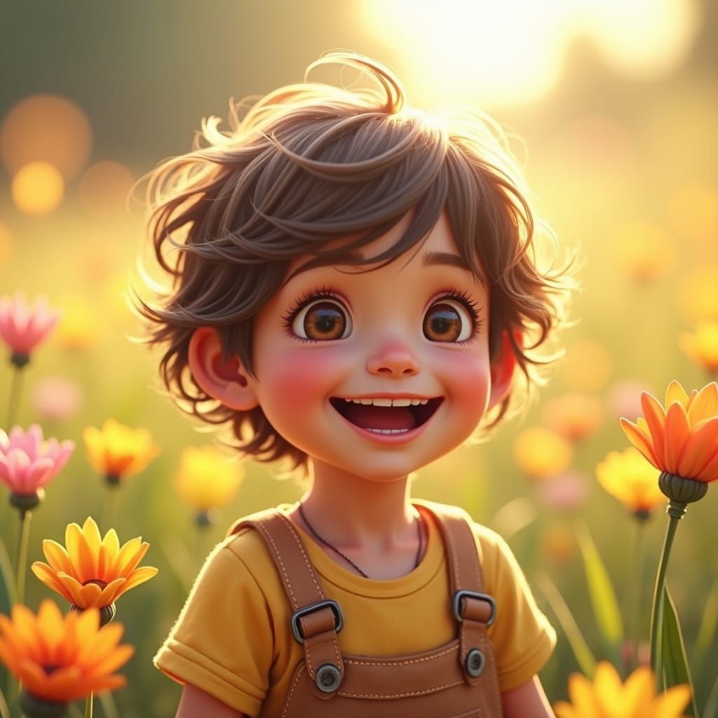 Joyful Child Portrait in Sunny Wildflower Field