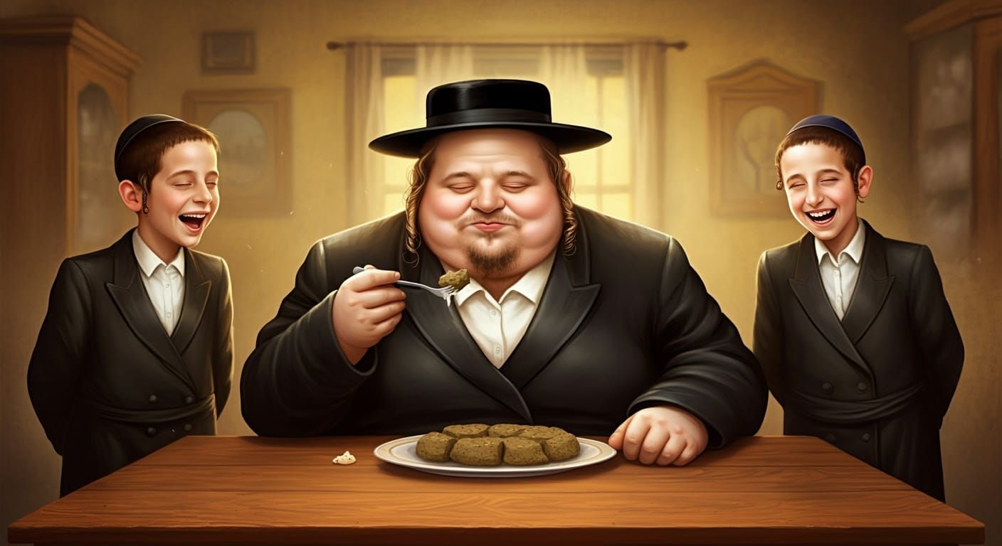 Hasidic Man Eating Gefilte Fish in Comic Style