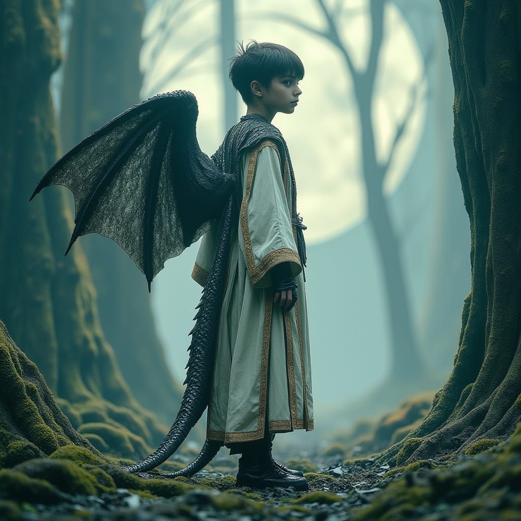 Mystical Boy with Dragon Scales and Wings in a Fantastical L...