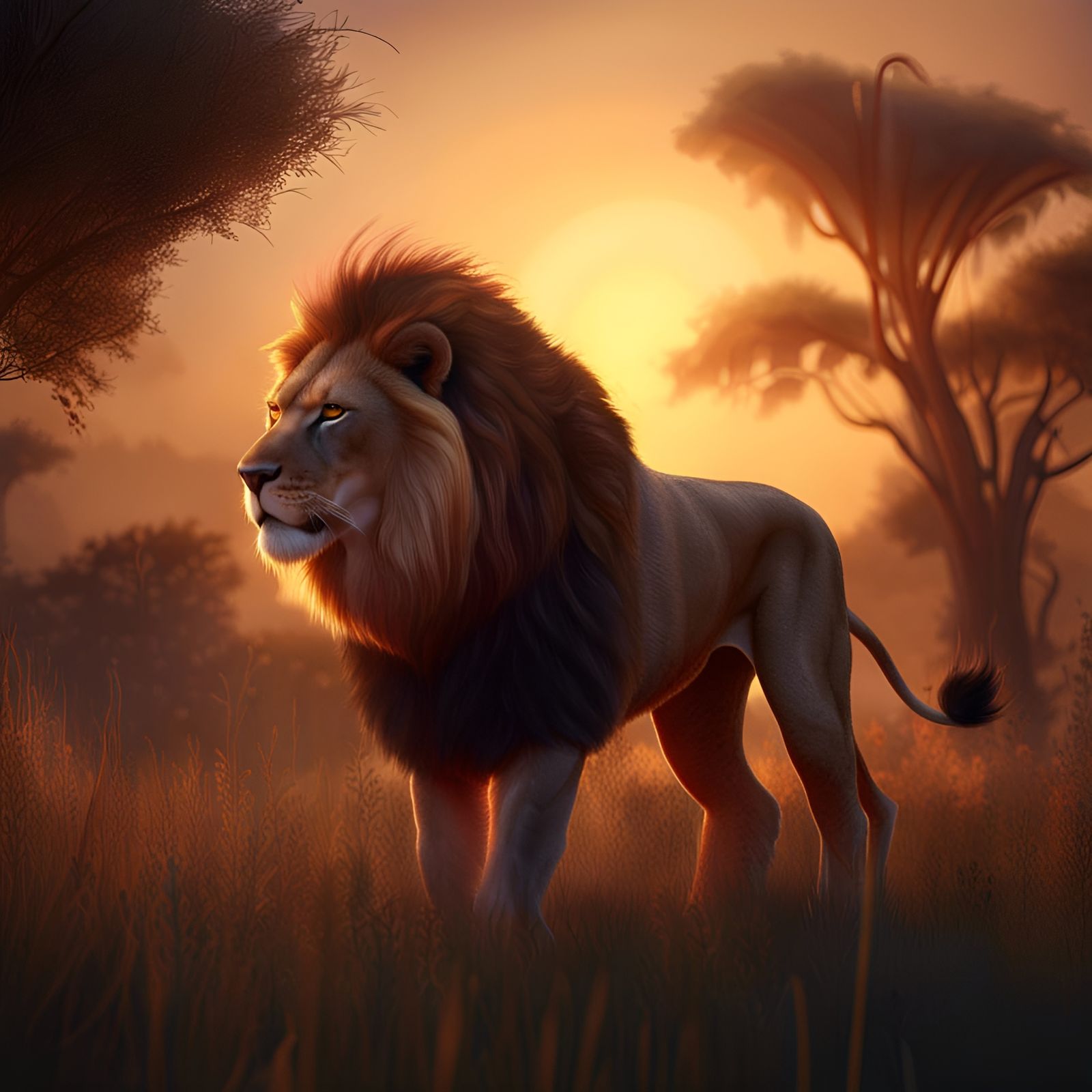Lion at Sunset: Detailed Matte Painting